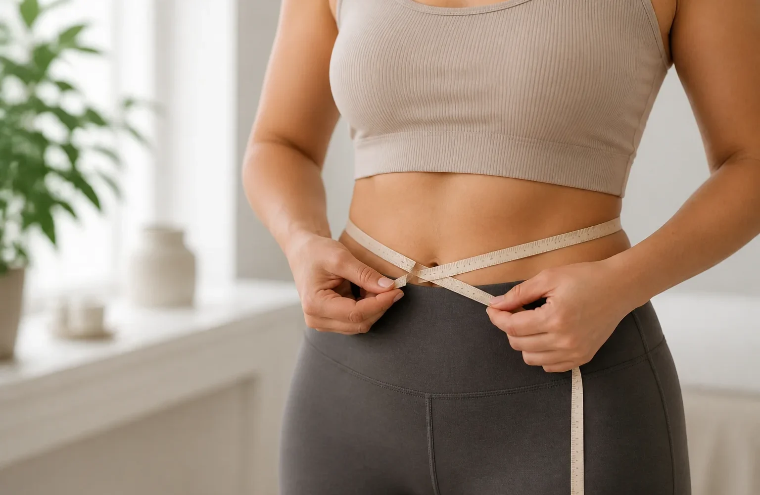 Anonymous fictional adult using a measuring tape in a respectful weight-health concept