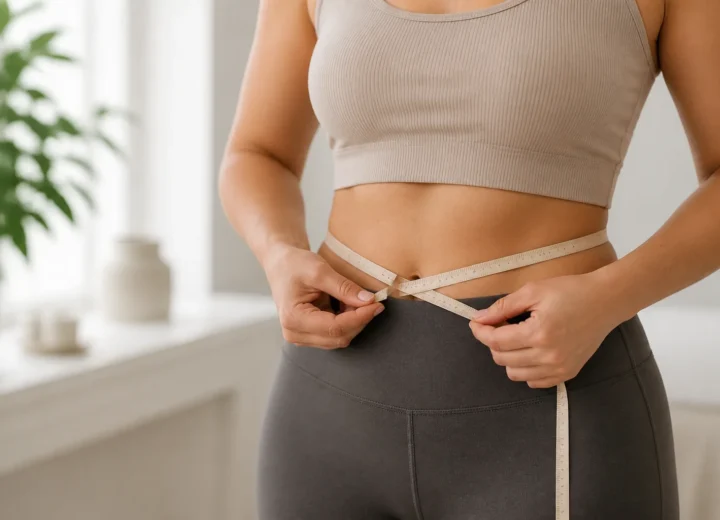Anonymous fictional adult using a measuring tape in a respectful weight-health concept