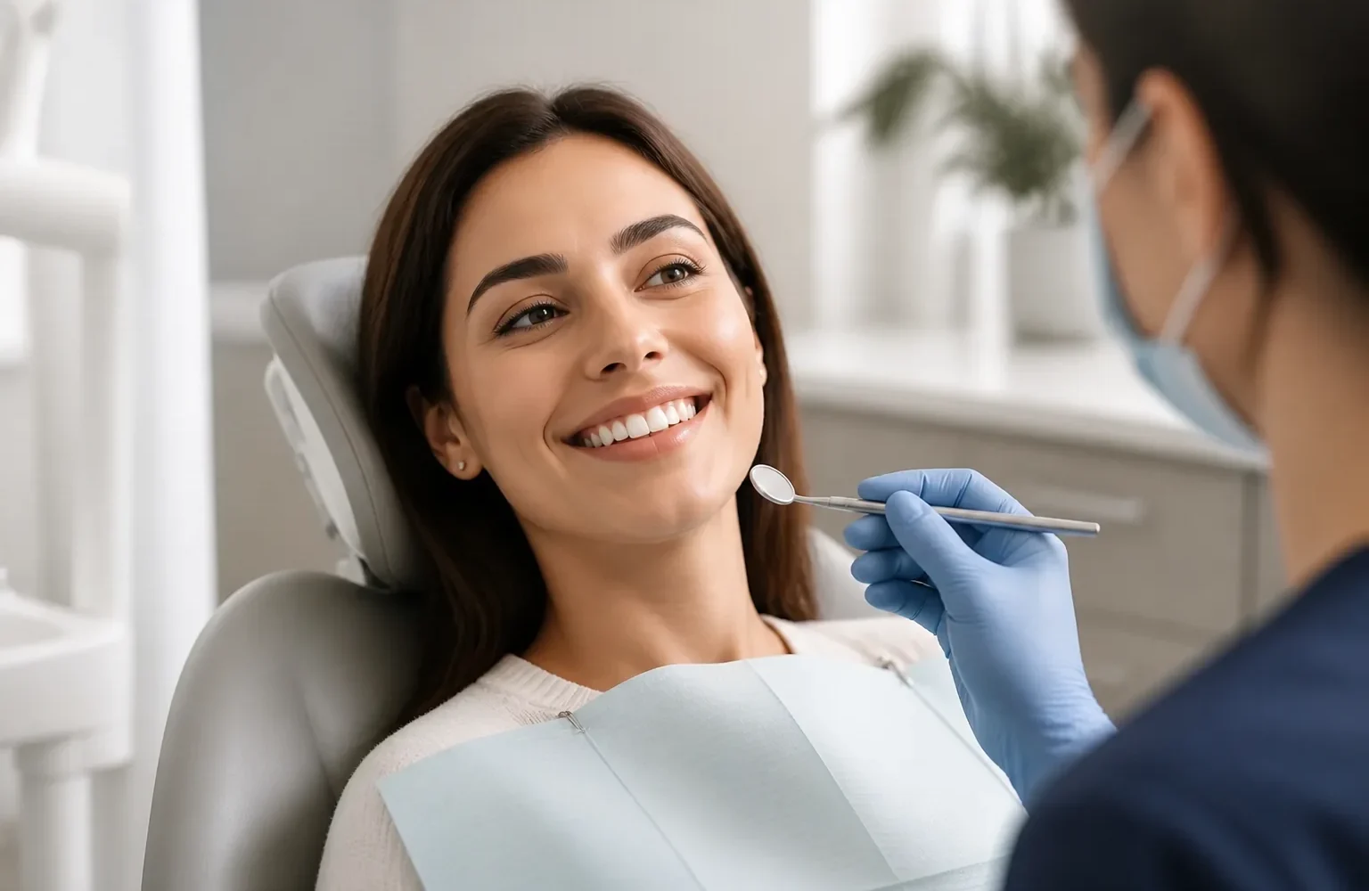 Fictional adult smiling during a calm dental consultation in an unbranded clinic