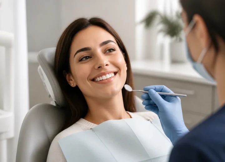 Fictional adult smiling during a calm dental consultation in an unbranded clinic
