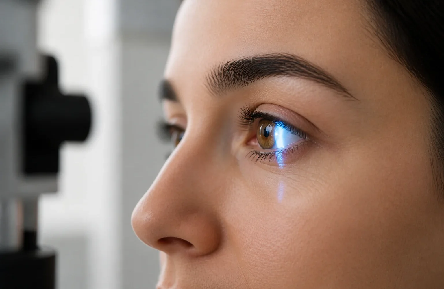 Close detail of a fictional adult during a non-contact eye examination