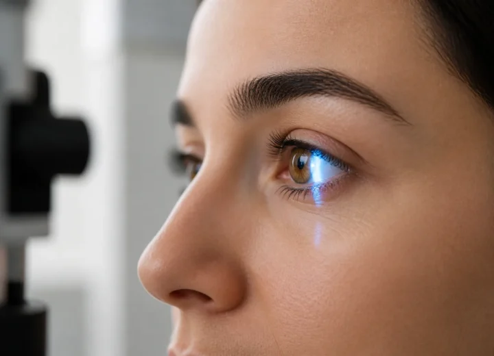 Close detail of a fictional adult during a non-contact eye examination