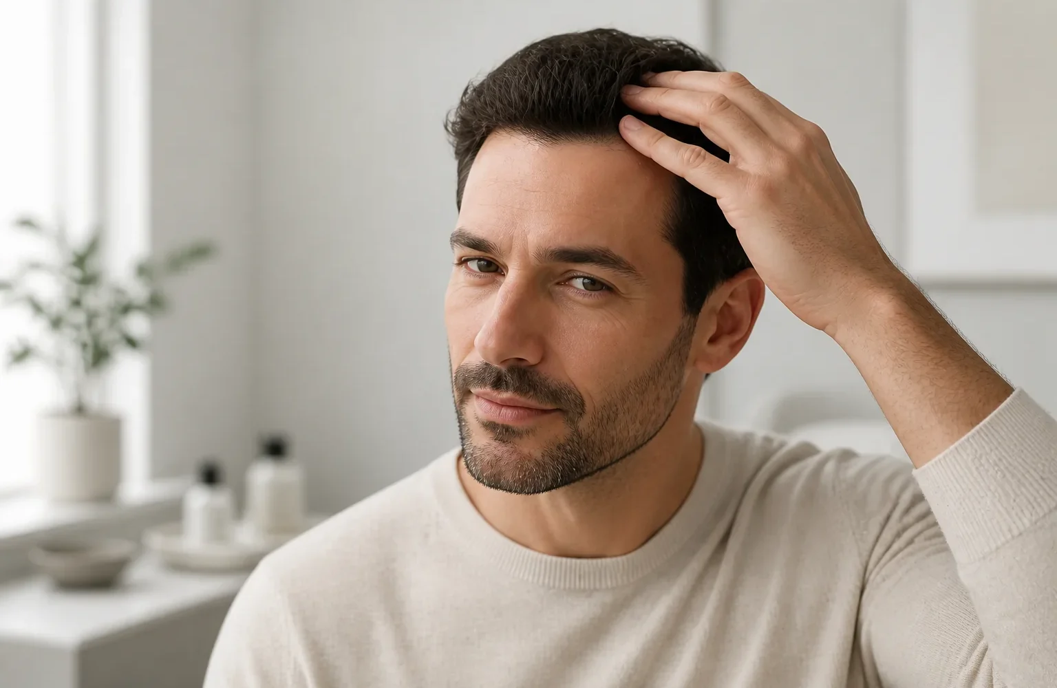 Fictional adult considering a hair-restoration consultation