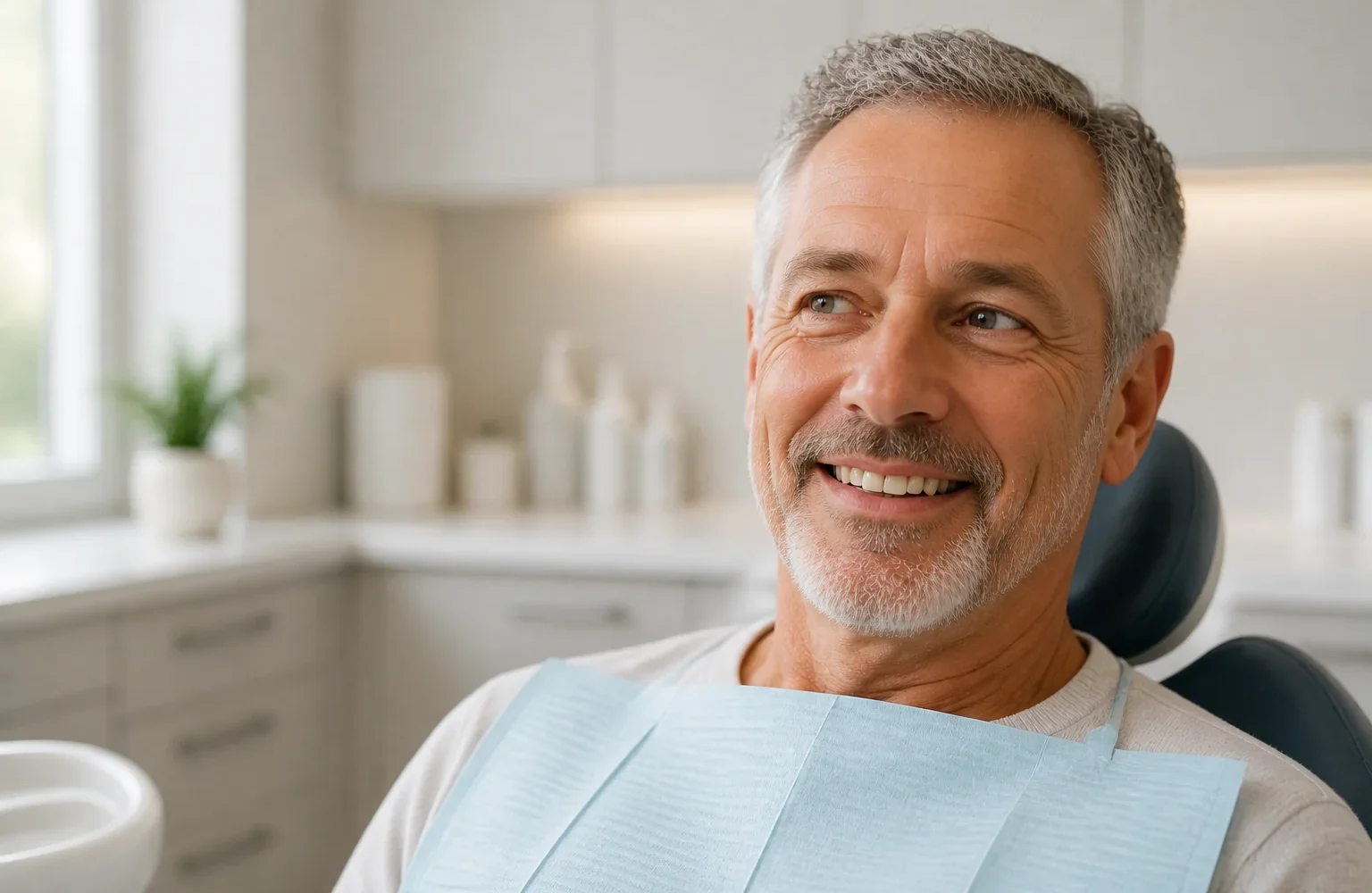 Fictional older adult smiling in an unbranded dental consultation room