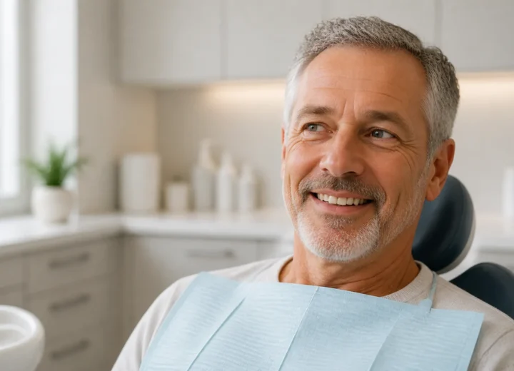 Fictional older adult smiling in an unbranded dental consultation room