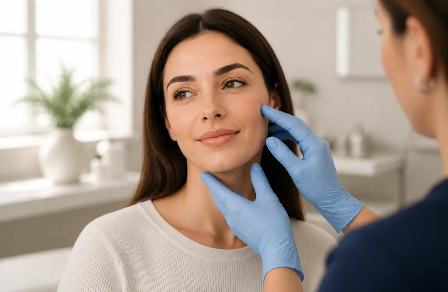 Fictional adult during a non-invasive facial consultation