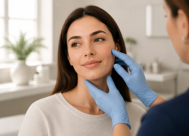 Fictional adult during a non-invasive facial consultation