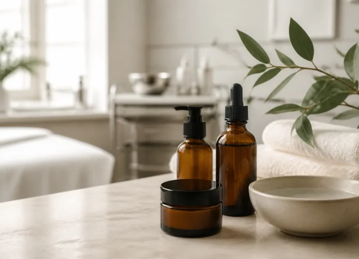 Unbranded skincare containers and folded towels in a fictional clinic