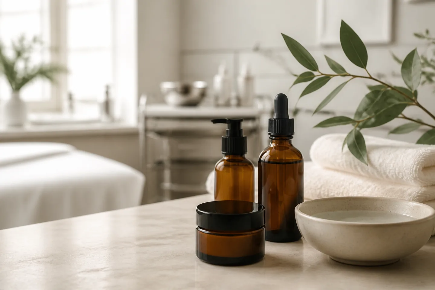 Unbranded skincare containers and folded towels in a fictional clinic