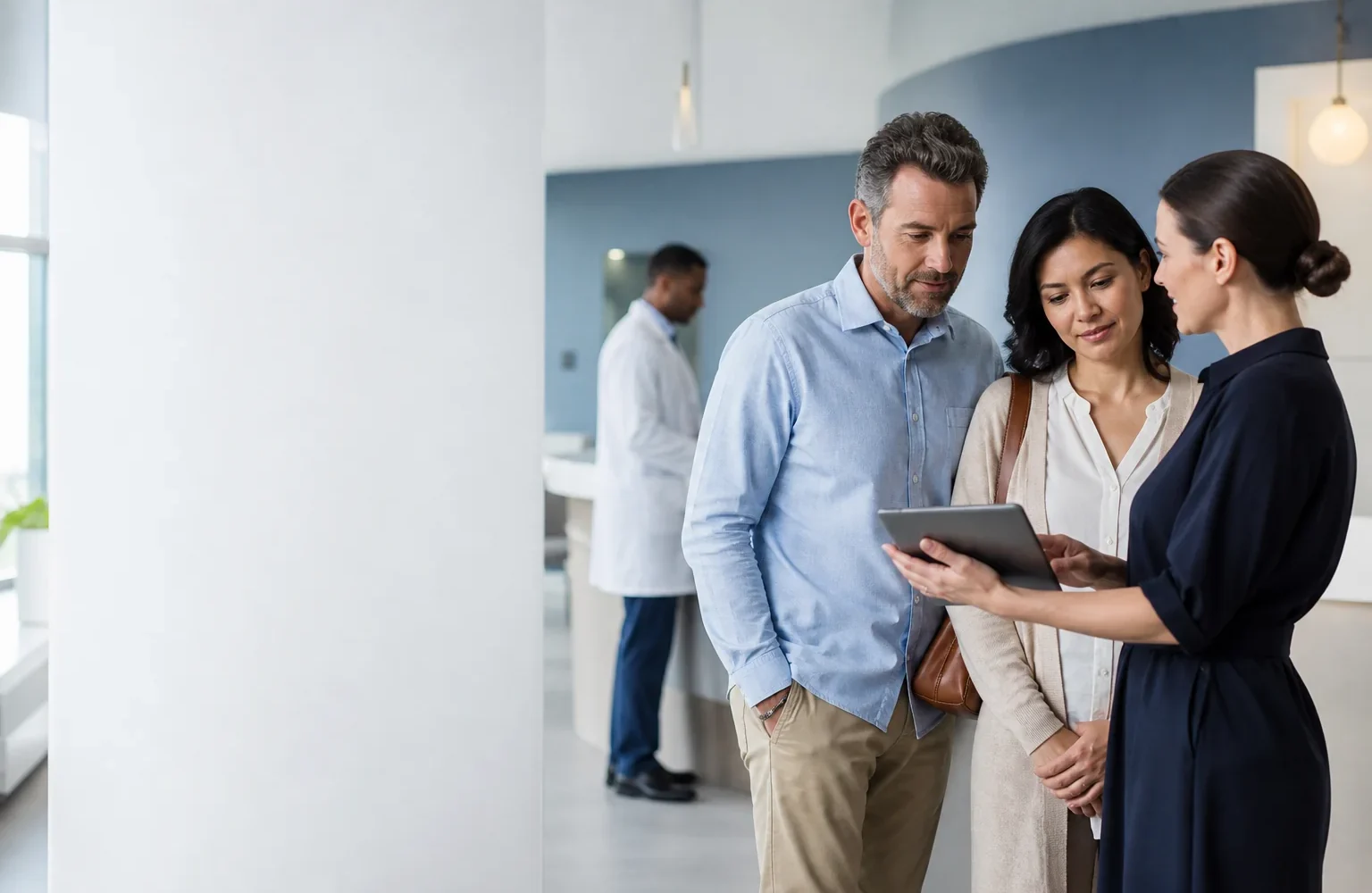 Fictional international visitors speaking with a patient coordinator in a modern clinic